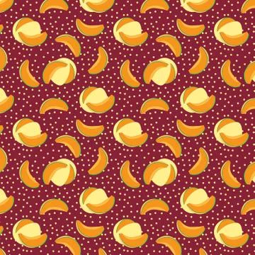 Cantaloupe melon slice seamless pattern on wine red background. Stock Illustration