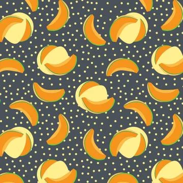 Cantaloupe melon slice seamless pattern on blue background. Stock Illustration