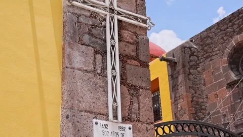 Cantera Column Cross 500 Years Evangelization Plaque San Juan Bautista Stock Footage 345376833
