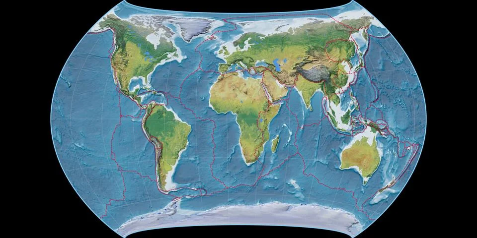 Canters Polyconic (11E), physiographic, tectonic plates Stock Illustration