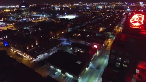 Canton Ohio Nighttime Drone Flight Over Downtown Skyline And City Lights Stock Footage 344806341