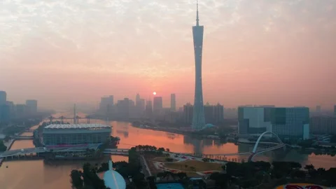 Canton Tower and Pearl River skyline in Guangzhou, China, aerial view Stock Footage 339640437