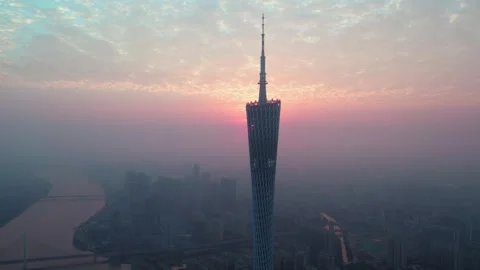 Canton Tower and Pearl River skyline in Guangzhou, China, aerial view Stock Footage 339640452