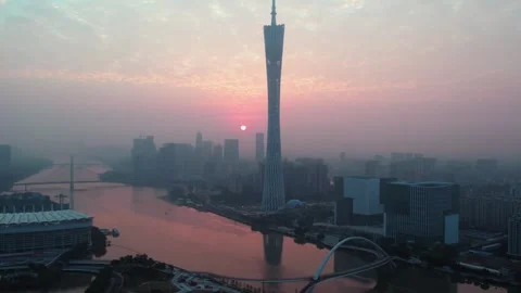 Canton Tower and Pearl River skyline in Guangzhou, China, aerial view Stock Footage 339640475