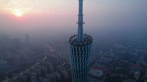 Canton Tower and Pearl River skyline in Guangzhou, China, aerial view Stock Footage 339640481