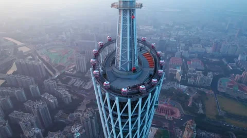 Canton Tower and Pearl River skyline in Guangzhou, China, aerial view Stock Footage 339640495