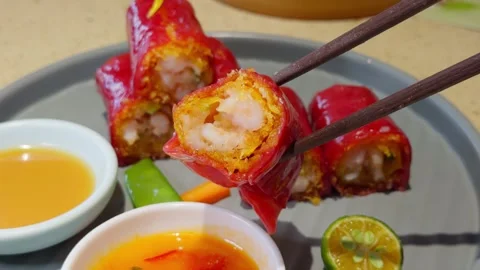 Cantonese Red Rice Noodle Roll Cheung Fun Lifted by Chopsticks Close-Up Stock Footage 339399465