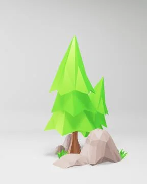 Cantoon tree low poly style on white backround. 3D rendering Stock Illustration