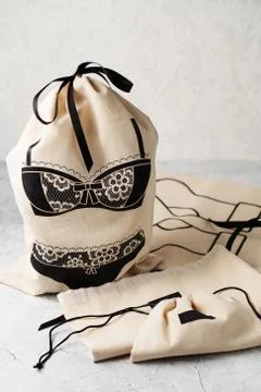 Canvas bag with drawstring, mockup of small eco sack made from natural cotton Stock Photos