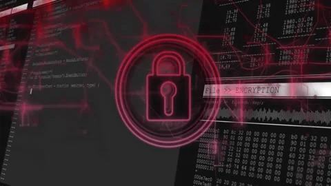 Canvas fading into padlock while red lines linking code and data panels showing Stock Footage 329711123