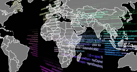 On canvas initializing grey world map centering green blue code streaming Stock Footage 310637870