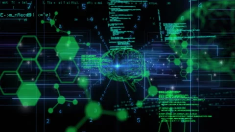 Canvas loading with hexagon nodes sparking code merging into wireframe brain Stock Footage 311678054