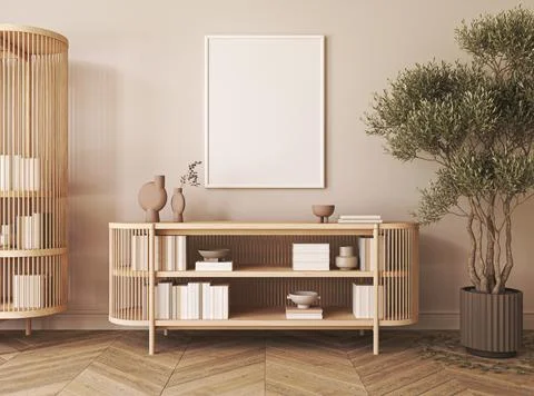Canvas mockup in minimal japandi interior background with plant tree and rustic Illustrazione stock