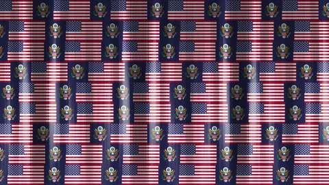 A canvas of tiles in the form of moving flags and coats of arms of the United Stock Footage 148565451