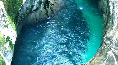 Canyon with green river rapids and waterfall 스톡 동영상 59100353