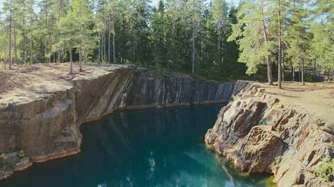 Canyon lake in Sweden with forest trees  landscape aerial view drone Stock Footage 123770209