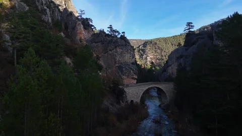 Canyon Panorama with Clear Sky Stone Bridge Alto Tajo Spain Видео 337719945