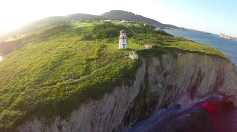 Cap Blanc Perce lighthouse in Gaspe Peninsula, Quebec, Canada Stock Footage