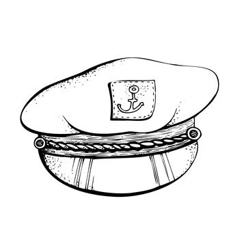 Cap of the captain, sailor. Isolated object drawn by hand in graphic technique Иллюстрация