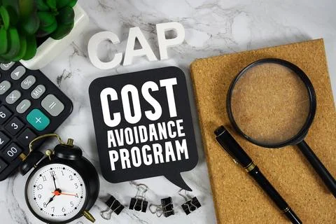 CAP Cost Avoidance Program text with Calculator, alarm clock and magnifying.. Stock Photos