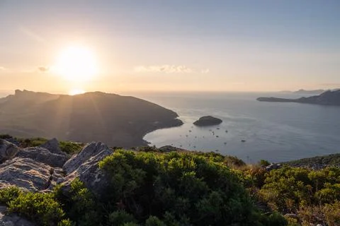 Cap de Formentor rocky cliffs and Mediterranean sea at sunset, northern tip of Stock Photos