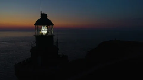 Cap Fréhel lighthouse, Light on, Twilight, North coast of Brittany Stock Footage 94987553