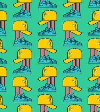 Cap in sneakers pattern seamless. Baseball cap with legs. urban street style  Stock Illustration