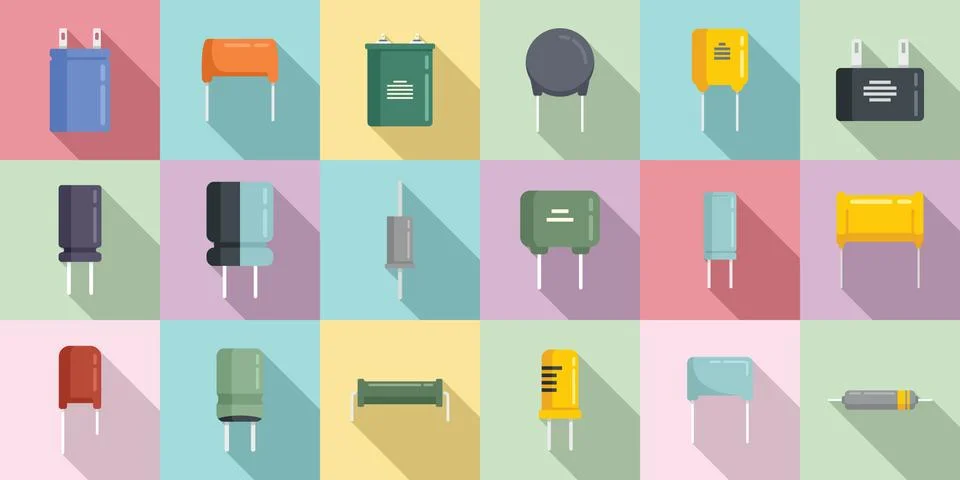 Capacitor icons set flat vector. Polyester ceramic capacitor Stock Illustration
