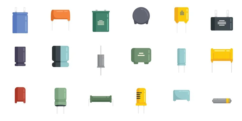 Capacitor icons set flat vector. Polyester ceramic capacitor Stock Illustration