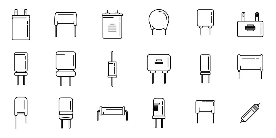 Capacitor icons set outline . Polyester ceramic capacitor Stock Illustration