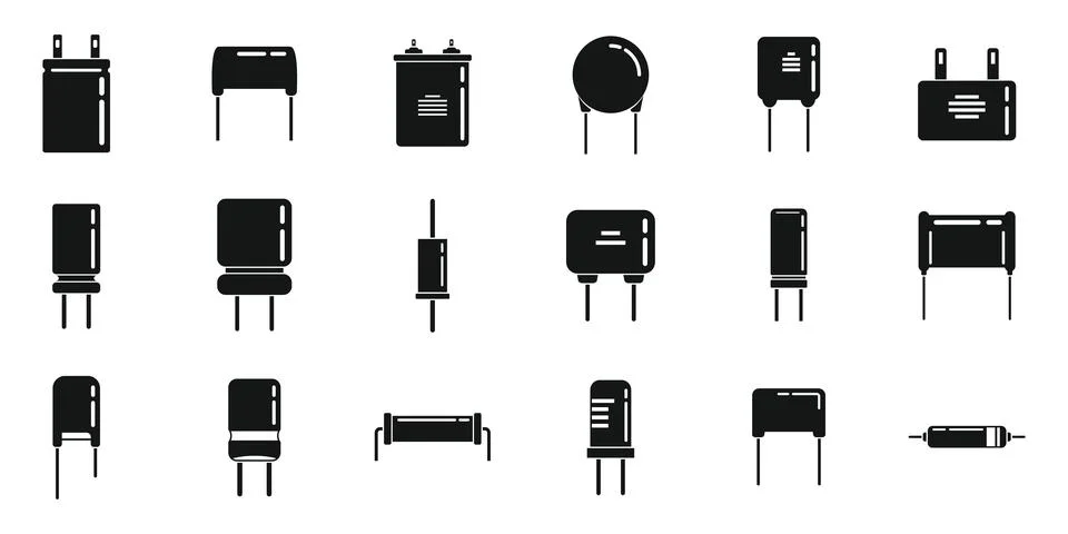 Capacitor icons set simple . Polyester ceramic capacitor Stock Illustration
