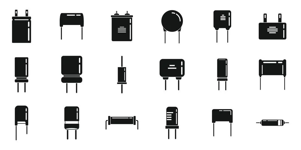 Capacitor icons set simple vector. Polyester ceramic capacitor Stock Illustration