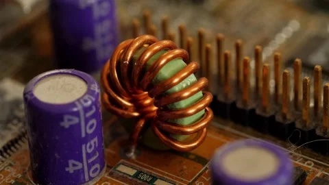 Capacitors and ports on a computer board close-up Stock Footage 283780093