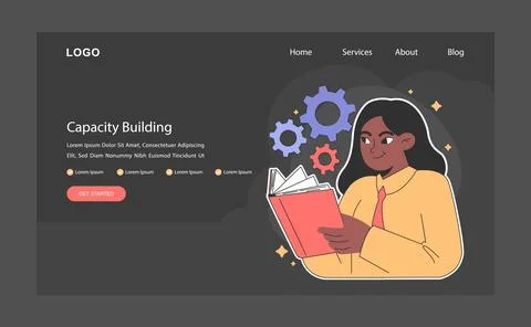 Capacity building dark or night mode web, landing. Engaged woman Ilustración de archivo