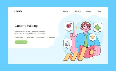 Capacity building web or landing. Man showcases personal Illustrazione stock