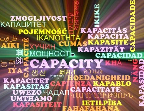 Capacity multilanguage wordcloud background concept glowing Illustrazione stock