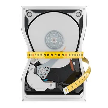 Capacity storage HDD, concept. Hard Disk Drive with measure tape around, 3D.. Stock Illustration
