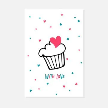 Capcake linear sketch and with love lettering. St. Valentine's Day card on Stock Illustration