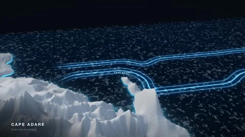 Cape Adare 3D White Terrain Relief Map With Glowing Route And Pack Ice 스톡 동영상 343392810
