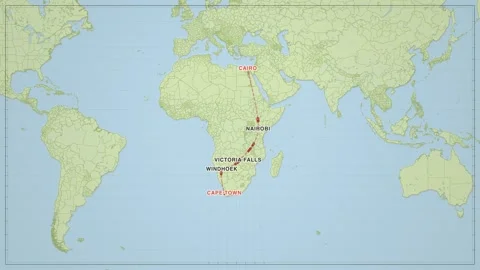 Cape To Cairo travel route map animation Video stock 339904030