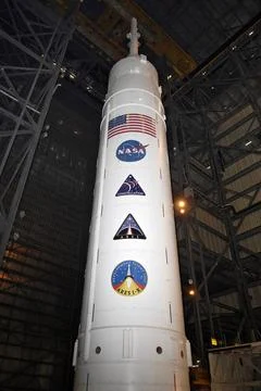 CAPE CANAVERAL, Fla. Program and NASA decals, along with the U.S. flag, st... Stock Photos