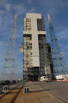 CAPE CANAVERAL, Fla.  The second of two solid rocket boosters rolls up to t.. Stock Photos