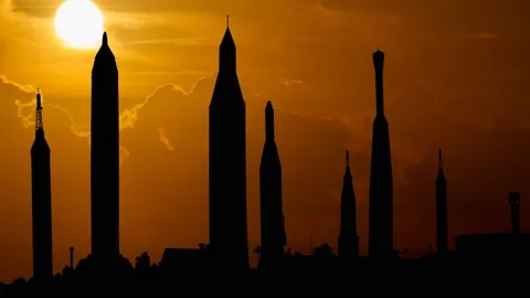 Cape Canaveral at Sunset, Time Lapse with Red Sky, Fiery Sun and Rockets Stock Footage 180915907