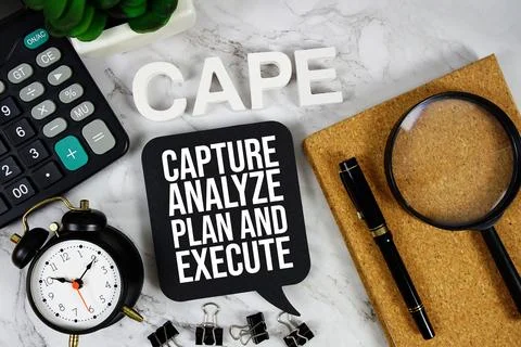 CAPE - Capture Analyze Plan And Execute acronym with calculator, alarm cloc.. Stock Photos