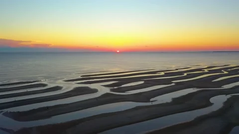 Cape Cod Bay Colorful Sun Set Aerial Drone Footage of Beach at Low Tide Stock Footage 140617795