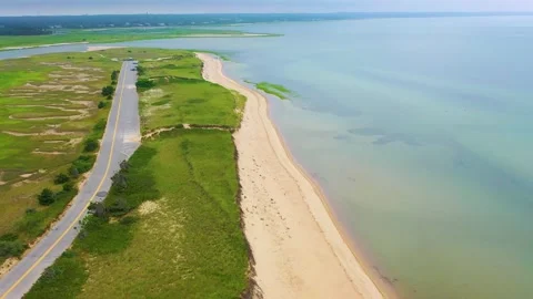 Cape Cod Drone Aerial of Public Beach Parking Lot and Visitors Stock Footage 317073942
