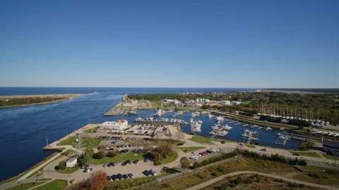 Cape Cod Massachusetts Aerial v1 Panning low around Sandwich Marina Stock Footage 119129057