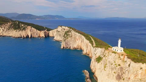 Cape Lefkatas Lighthouse and White Cliffs, Greece Stock Footage 335957349