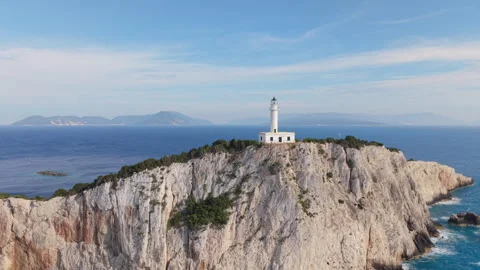 Cape Lefkatas Lighthouse on White Cliffs, Greece Stock-Footage 335951689
