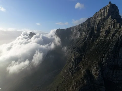 Cape Town Flying Past Table Mountain Covered with Clouds at Sunrise Stock Footage 79149651
